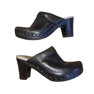 Dansko Rae Black Leather Slip on Heeled Clogs Size 9.5 Mules Artsy Boho Chic